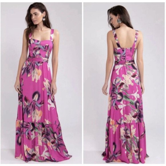 PatBO Grace Print One Shoulder Maxi Dress Fuchsia Pink Floral - Picture 3 of 6